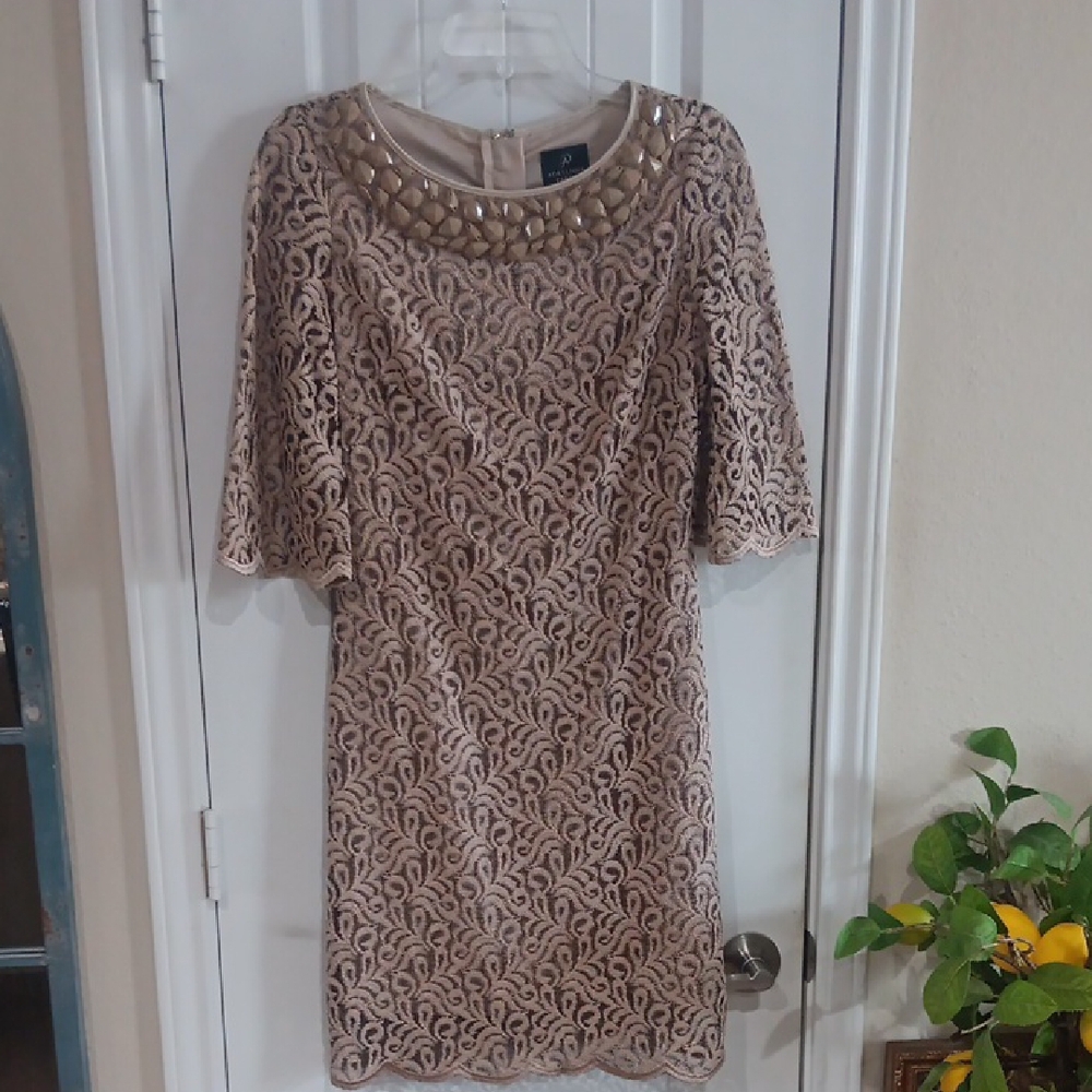 Adrianna Papell Tan and Cream Sheath Midi Dress with Bell Sleeves